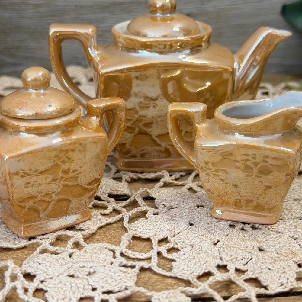 11pc Vintage KA Made in Occupied Japan Lusterware Miniature Tea Set Bird Floral